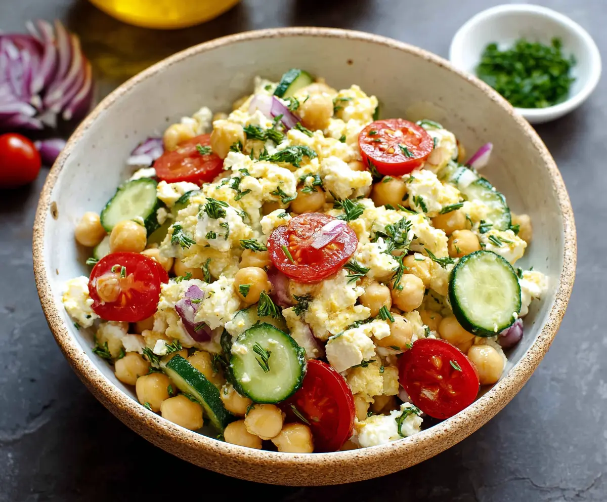Fresh cottage cheese and chickpea salad with colorful vegetables, healthy and protein-packed meal.
