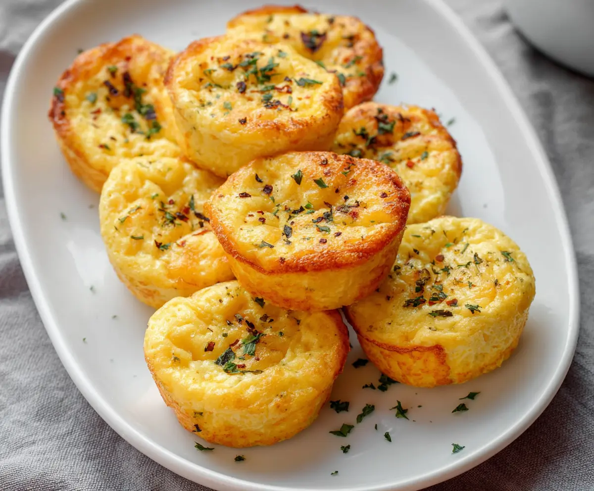 Delicious cottage cheese egg bites on a white plate, perfect for a healthy breakfast or snack.
