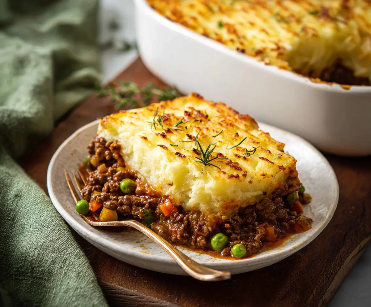 Delicious homemade cottage pie with a golden mashed potato topping and savory meat filling