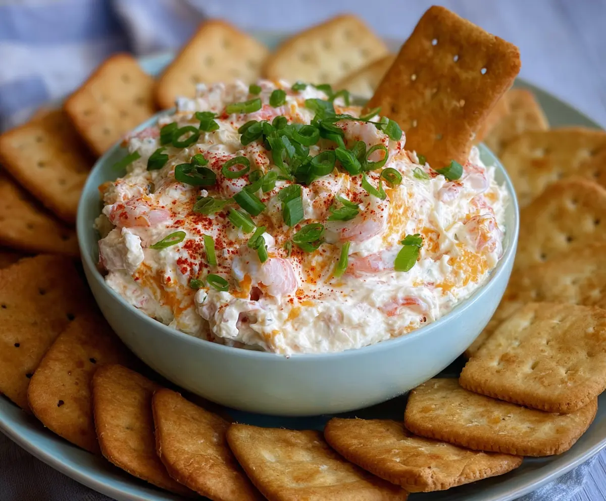 Cream Cheese Shrimp Dip served with fresh crackers and herbs, perfect for appetizers and parties.