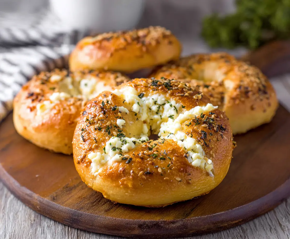 Delicious homemade garlic bagels filled with creamy cream cheese, perfect for breakfast or snacks.