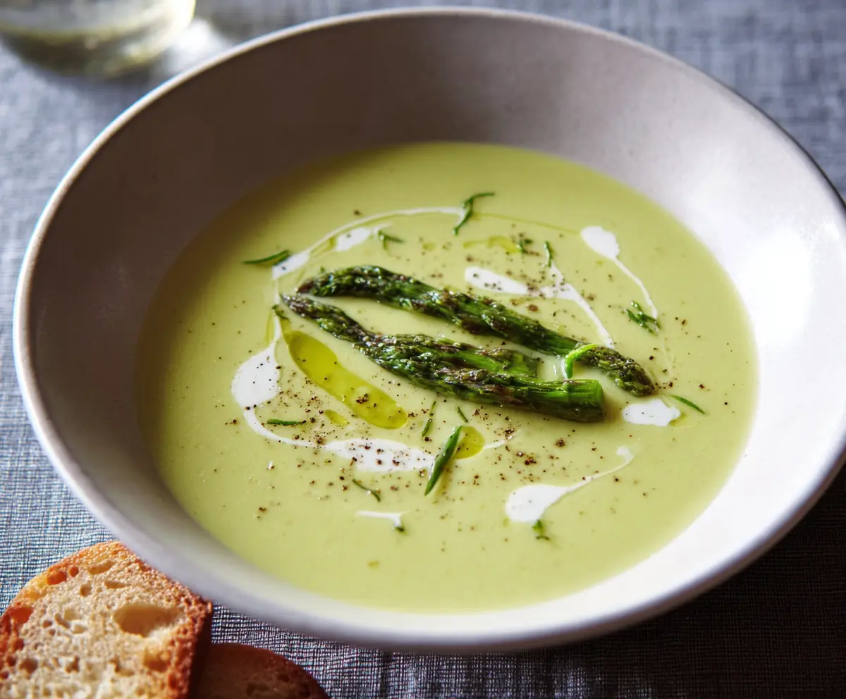 Cream of asparagus soup served in a bowl garnished with fresh herbs and a drizzle of cream.