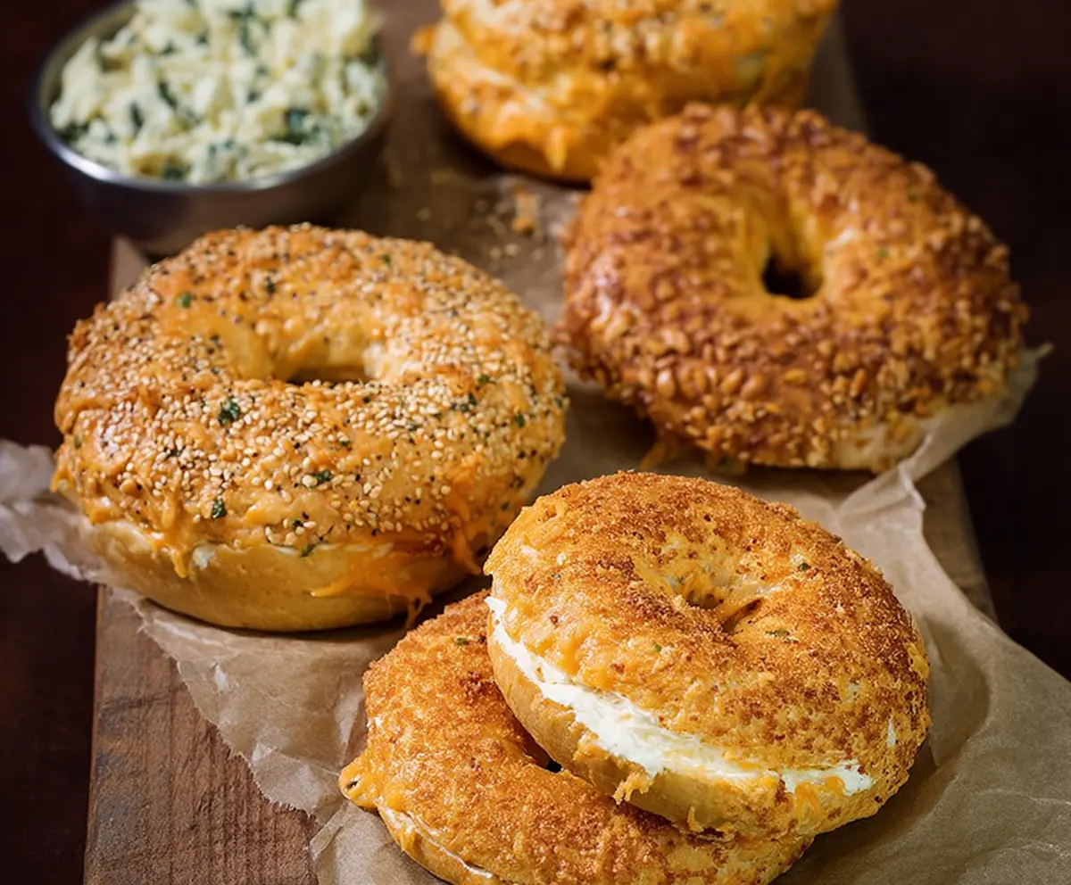 Delicious creamy cheddar bagels sliced open to reveal melted cheese inside.