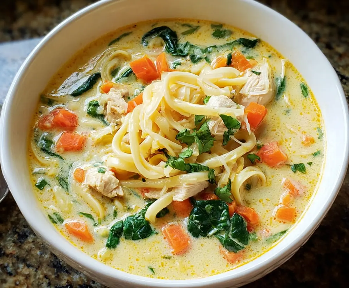 Creamy chicken pasta soup with fresh carrots, spinach, and tender chicken pieces in a bowl