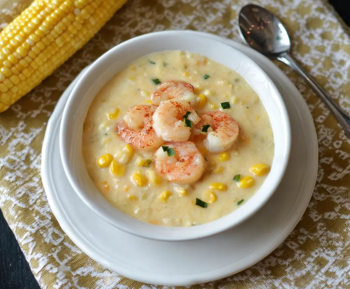 Creamy shrimp and corn soup in a bowl garnished with fresh herbs, served hot.