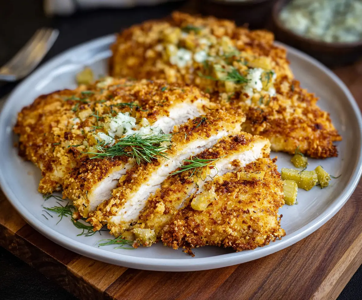 Crispy Dill Pickle Parmesan Chicken served on a plate with crispy edges and garnished with fresh herbs.