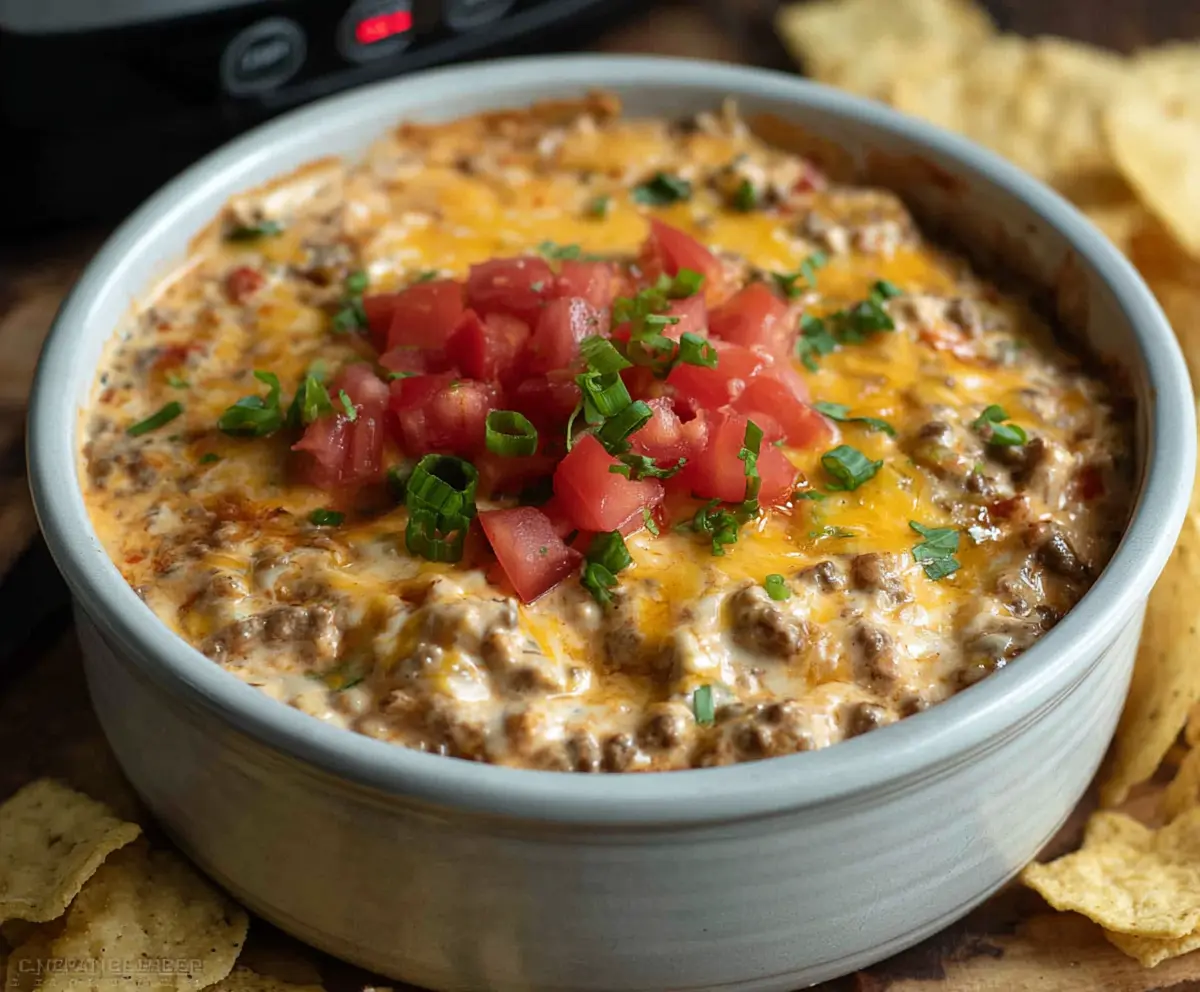 Creamy Crock Pot Cheeseburger Dip with melted cheese and savory beef served in a slow cooker.
