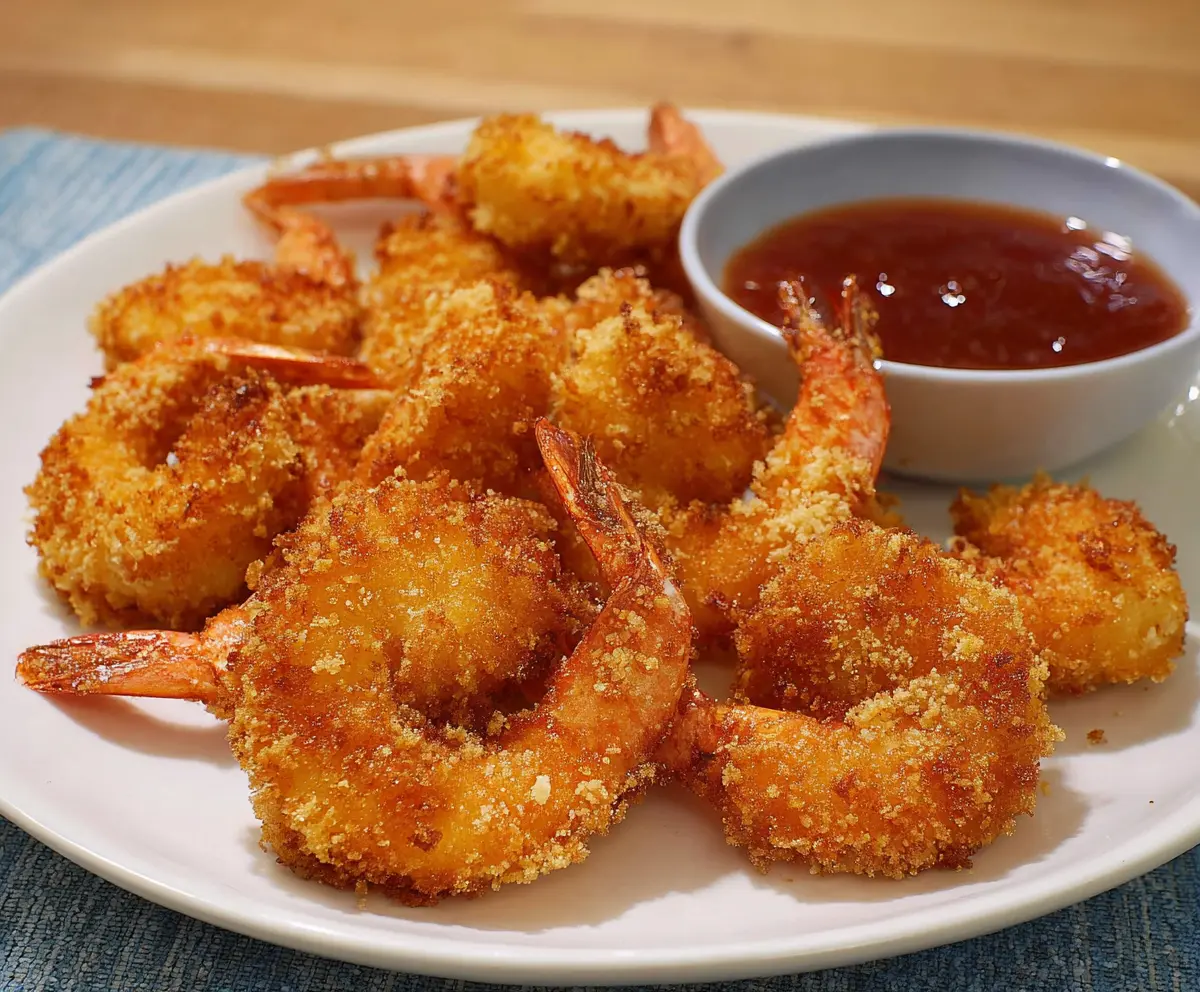 Crispy fried shrimp served with lemon and dipping sauce on a white plate
