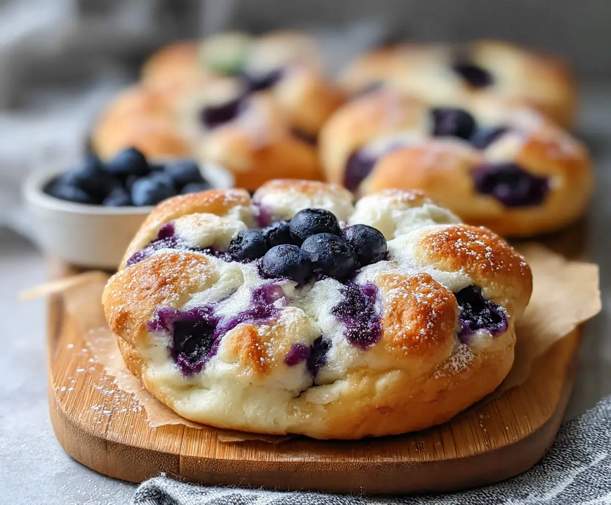 Delicious fluffy cottage cheese blueberry cloud bread on a plate, showcasing a light and airy texture with fresh blueberries.