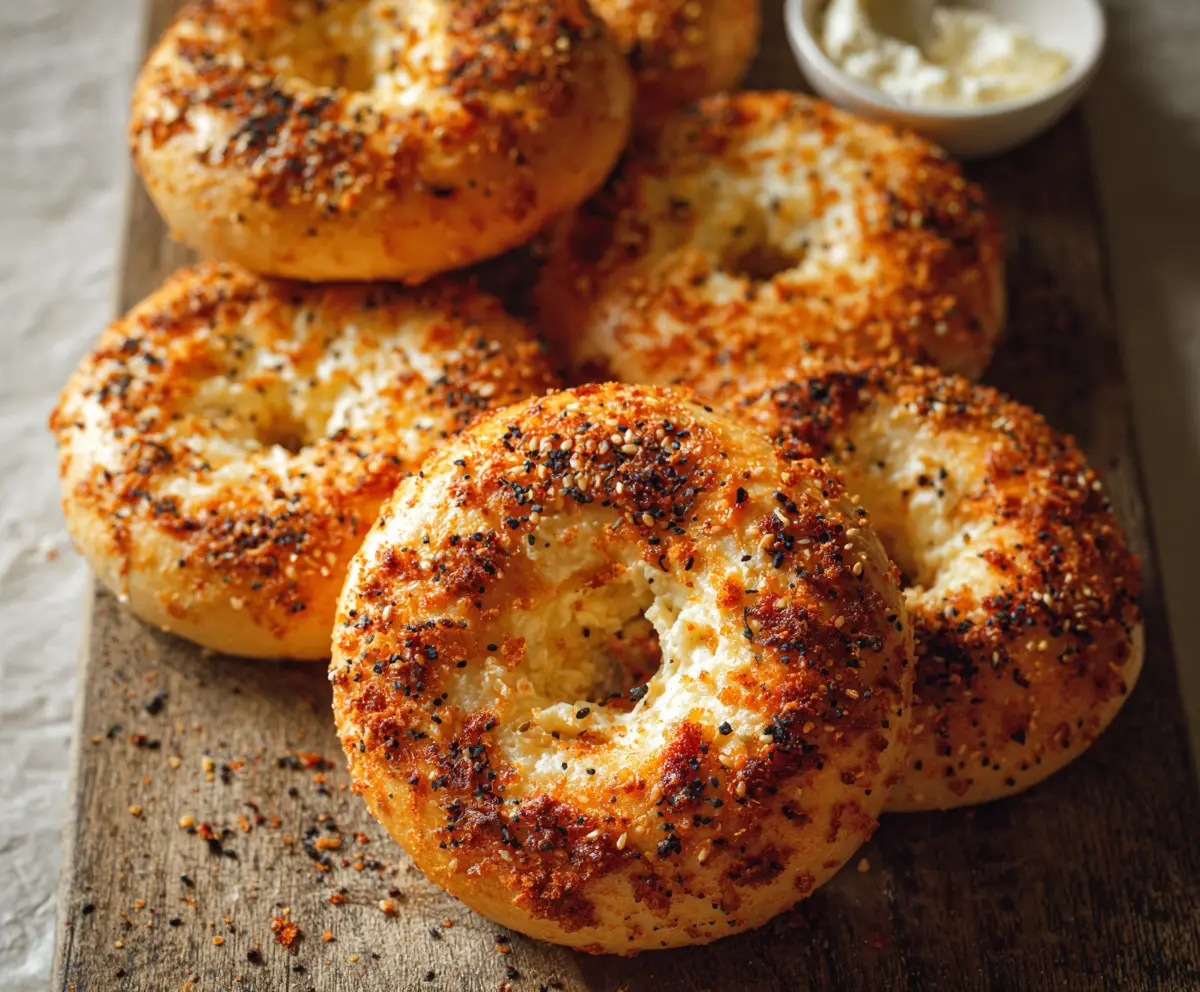 Delicious garlic Parmesan cottage cheese bagels fresh out of the oven on a plate.