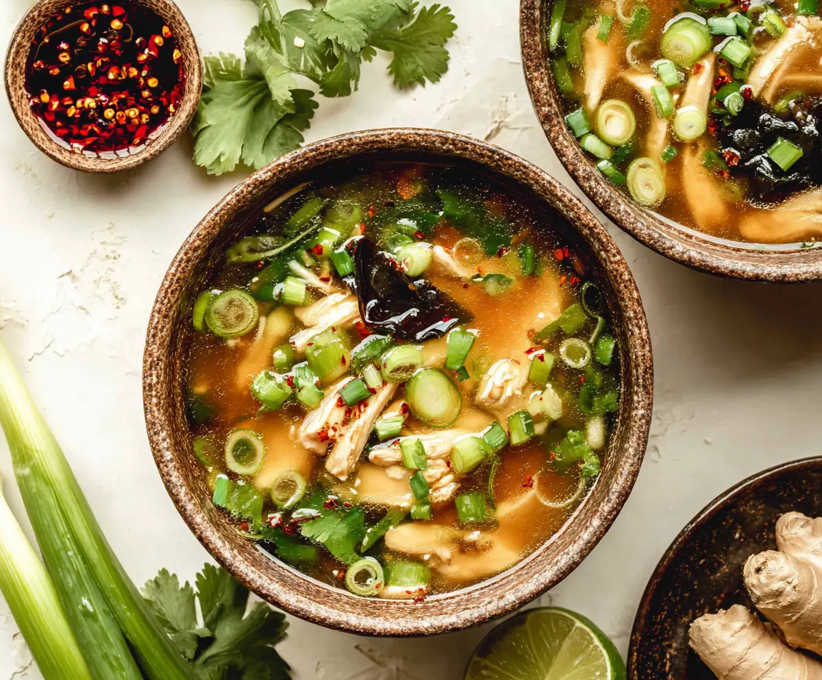 Delicious ginger scallion chicken soup served in a bowl, highlighting fresh herbs and tender chicken pieces.
