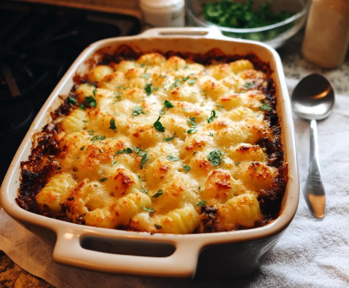 Delicious Gnocchi Shepherd's Pie featuring golden baked gnocchi topped with savory mutton and vegetables.