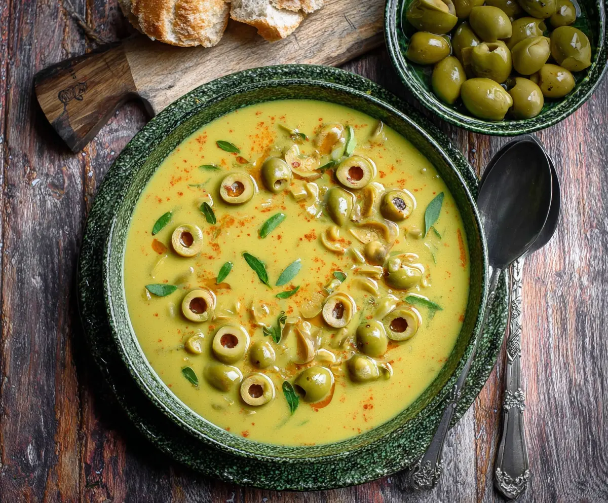 Delicious green olive soup served in a rustic bowl, perfect for a flavorful appetizer.