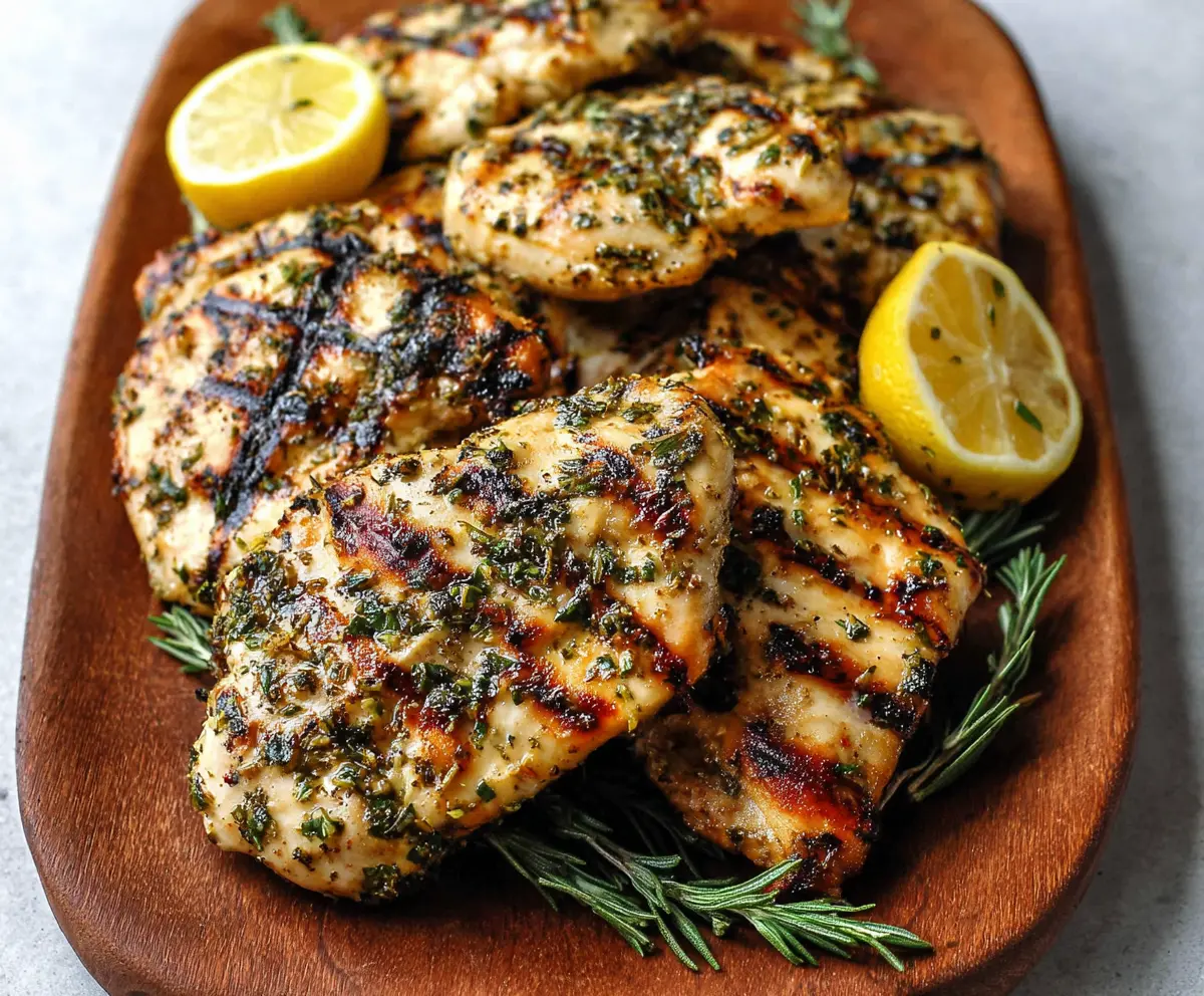 Juicy grilled lemon herb chicken breasts served on a plate with fresh herbs