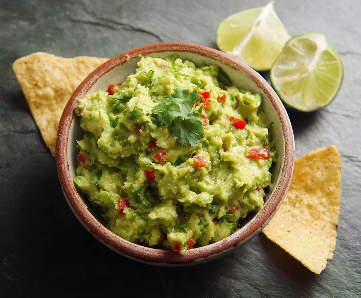 Fresh homemade guacamole with ripe avocados, tomatoes, onions, and cilantro in a bowl.