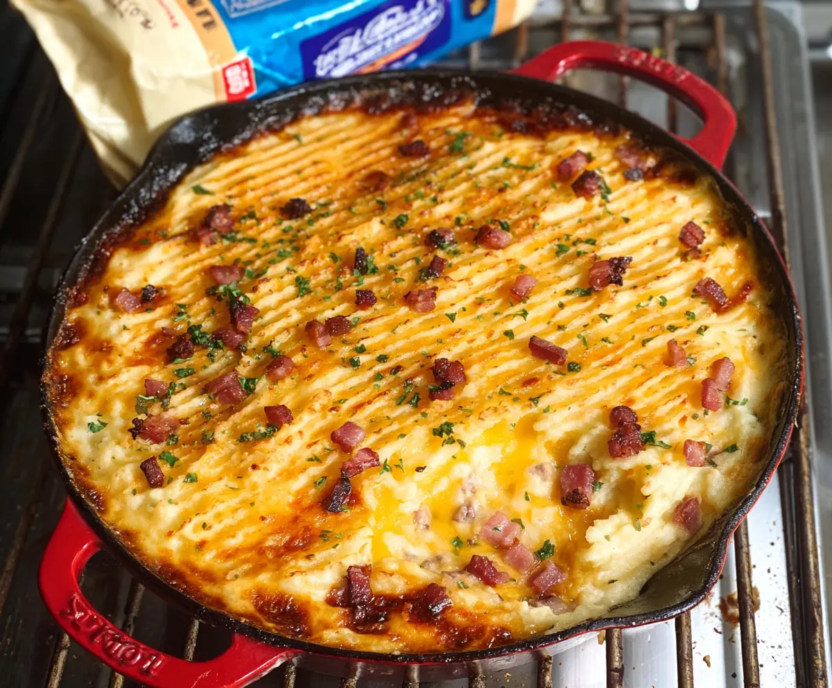 Delicious homemade Ham Shepherd's Pie with mashed potato topping and savory ham filling