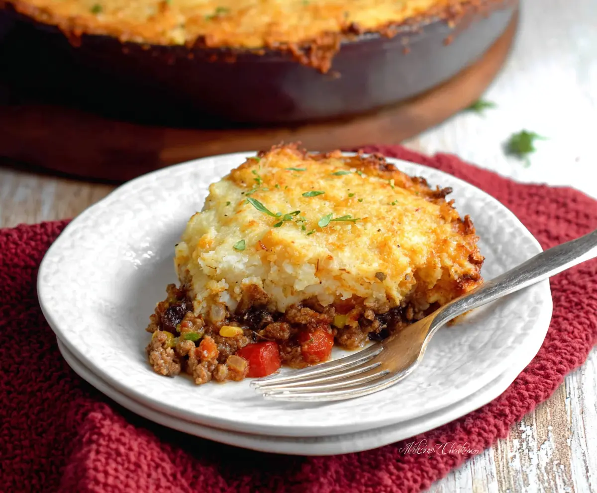 Delicious Hash Brown Shepherd's Pie topped with crispy golden hash browns and savory filling.