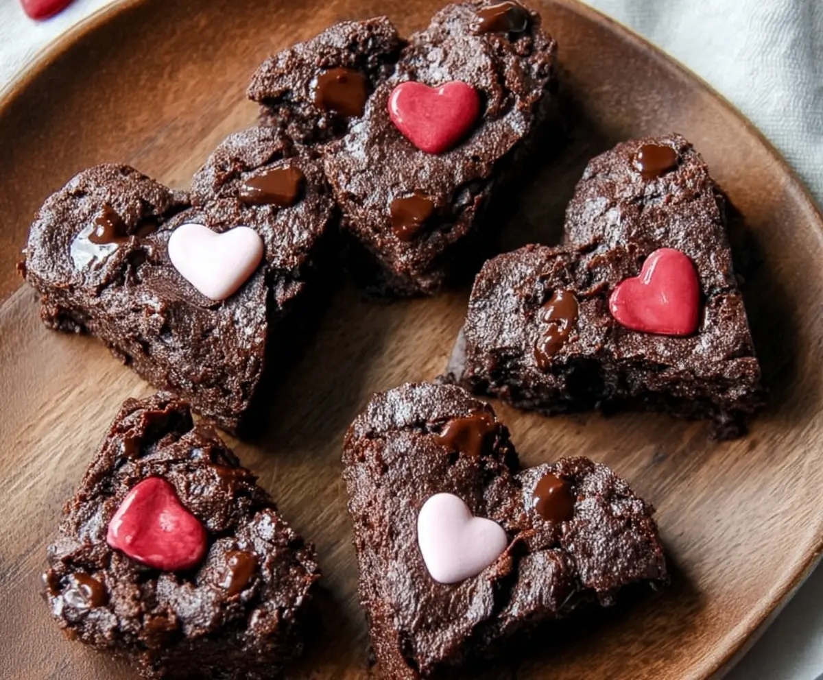 Decorative heart-shaped brownies on a plate, perfect for Valentine’s Day dessert