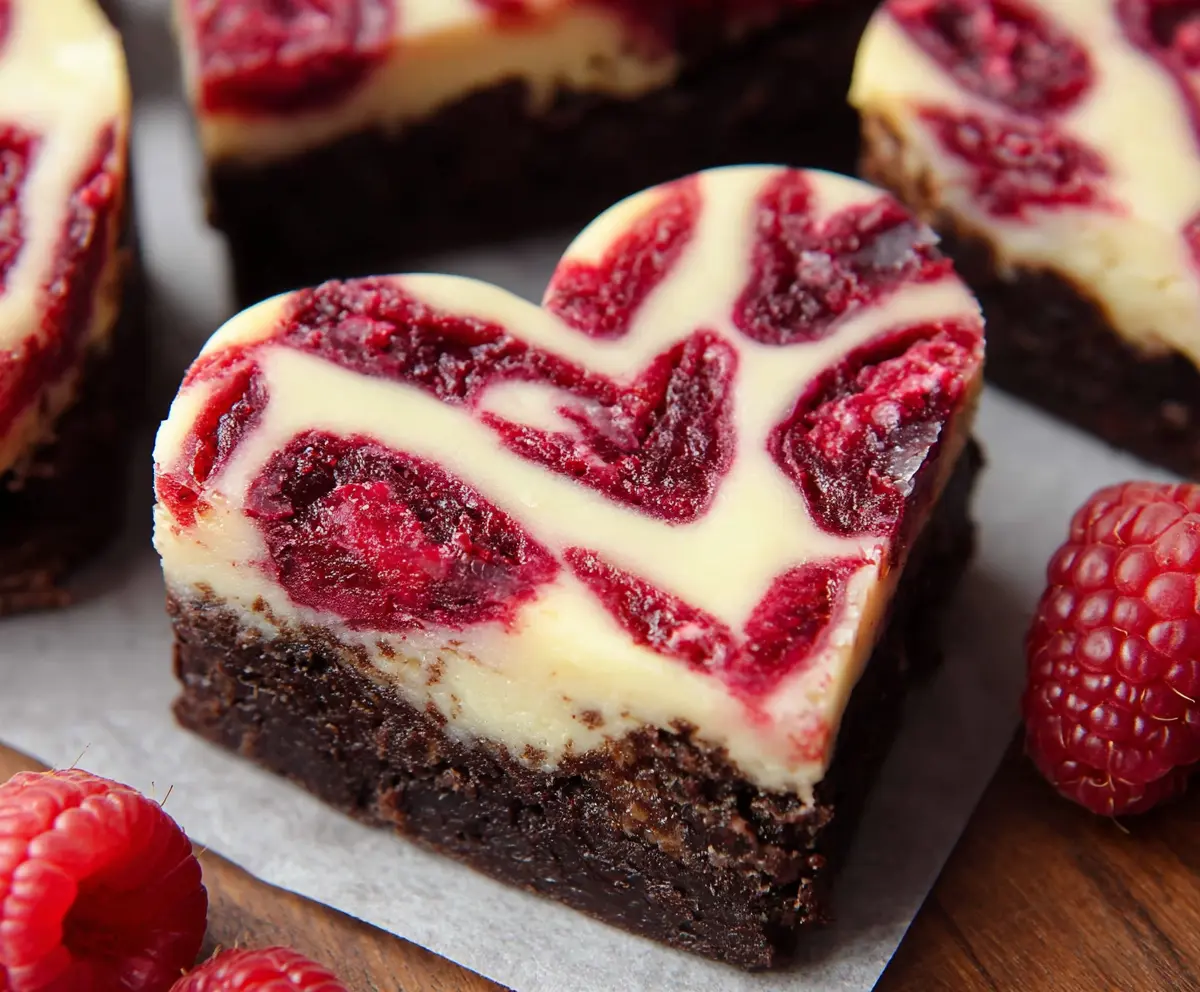 Delicious heart-shaped raspberry cheesecake brownies with a rich chocolate base and vibrant raspberry topping