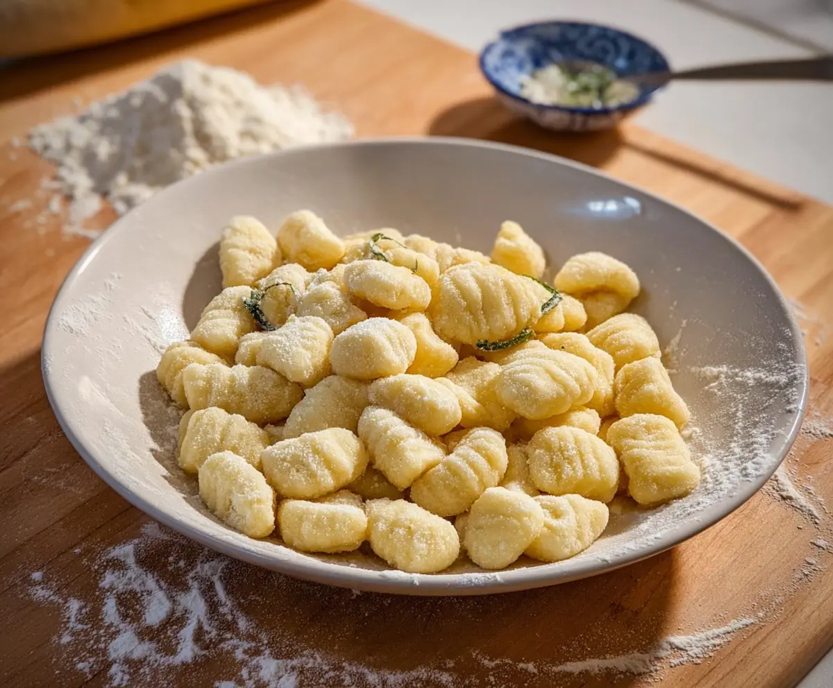 Delicious homemade potato gnocchi served on a rustic plate with fresh herbs.