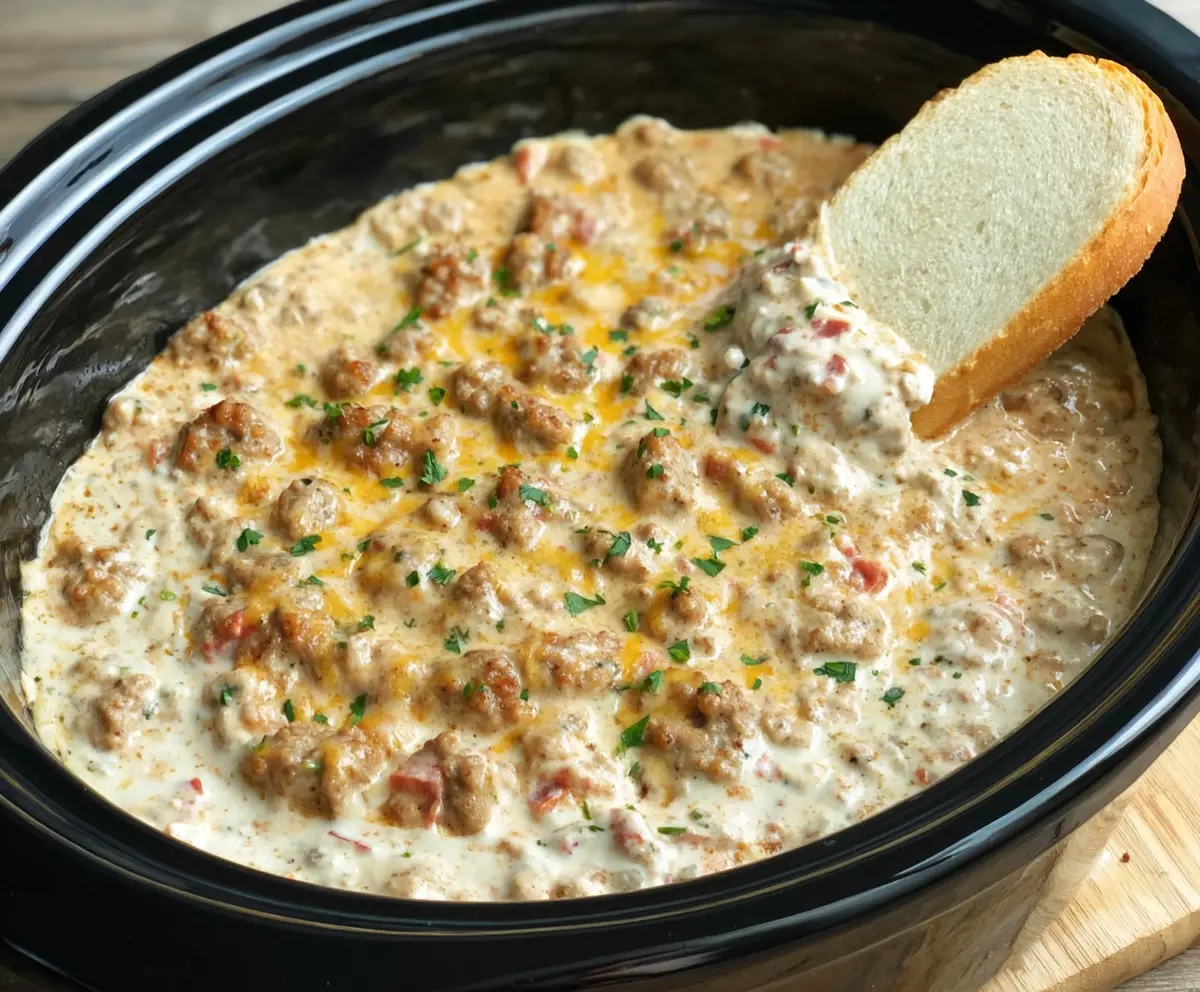 Creamy Hot Ranch Sausage Dip served with crispy chips, perfect for parties and gatherings.