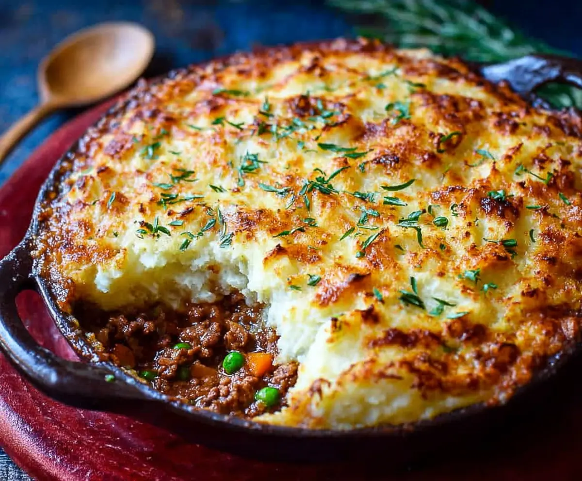 Hearty lamb shepherd's pie topped with golden mashed potatoes and fresh herbs.