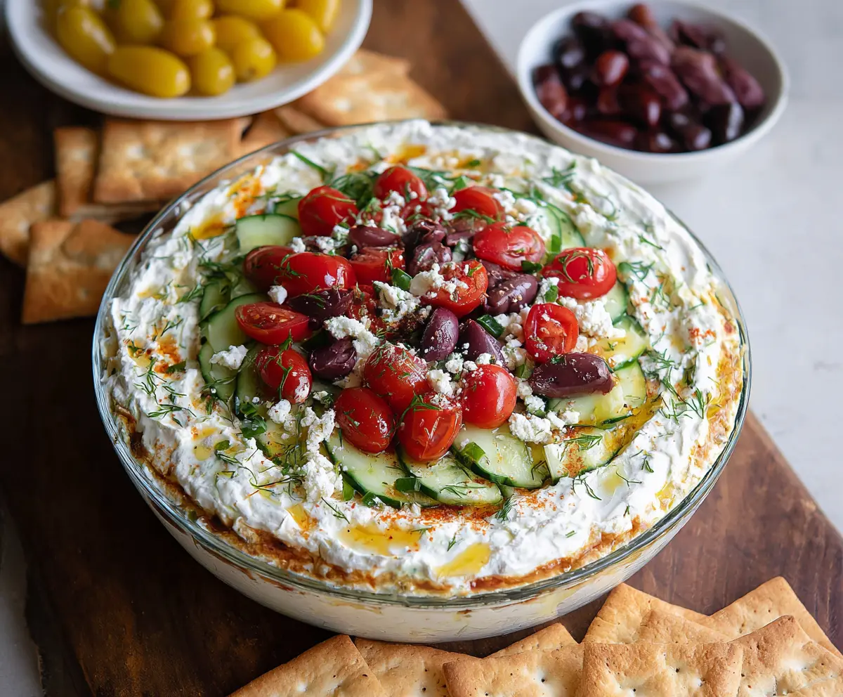 Delicious layered Greek dip featuring hummus, olives, and fresh vegetables served in a glass dish.