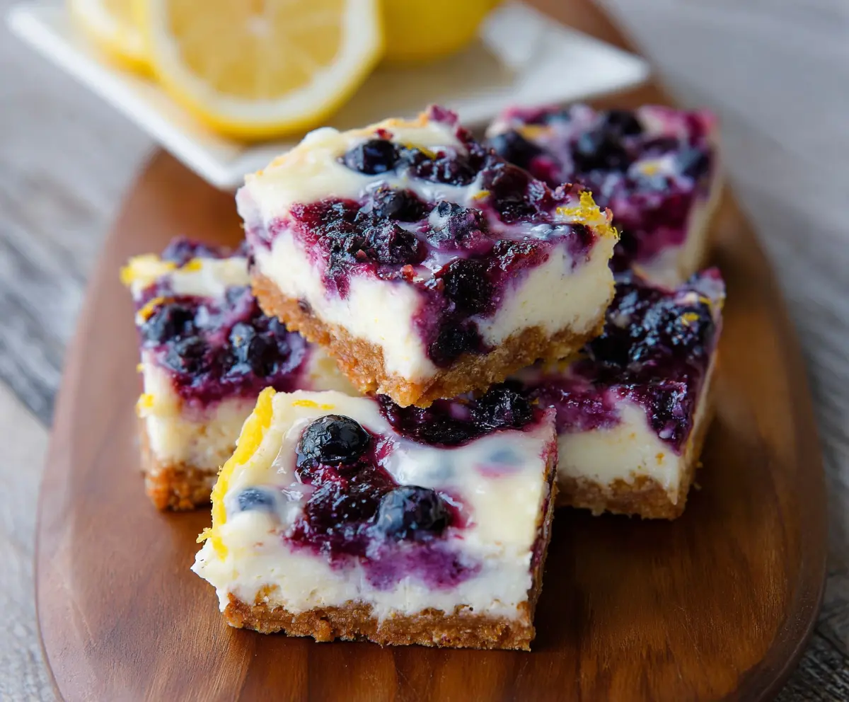 Delicious Lemon Blueberry Cheesecake Bars with fresh blueberries and a zesty lemon glaze.