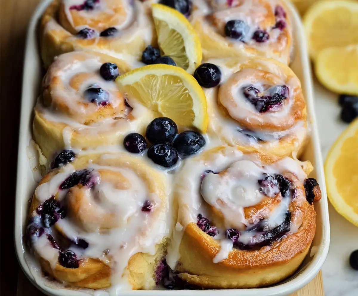 Delicious Lemon Blueberry Rolls with fresh blueberries and zesty lemon glaze on a wooden table.
