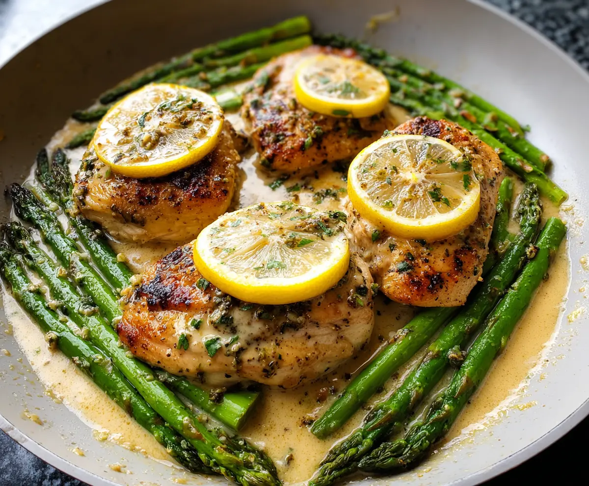 Juicy lemon butter garlic chicken served with fresh asparagus on a white plate.