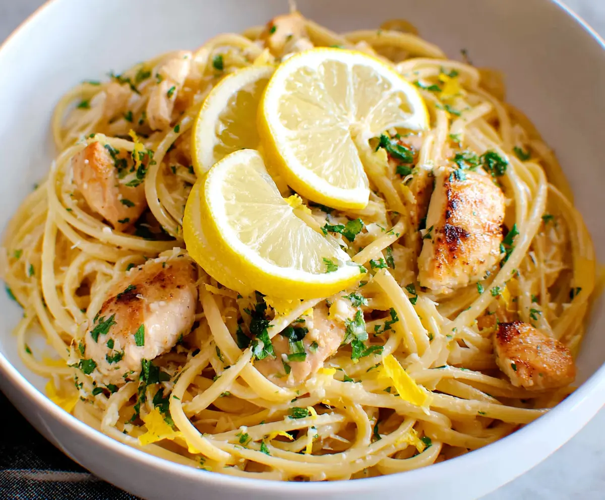 Delicious Lemon Garlic Chicken Pasta dish with fresh herbs and creamy sauce.