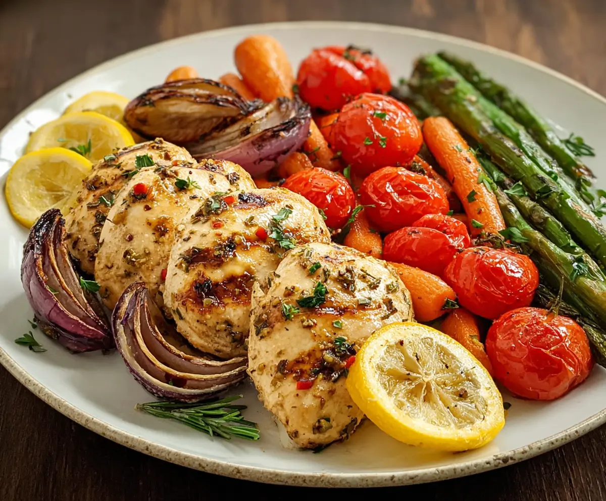 Delicious Lemon Herb Chicken served with roasted vegetables on a plate.