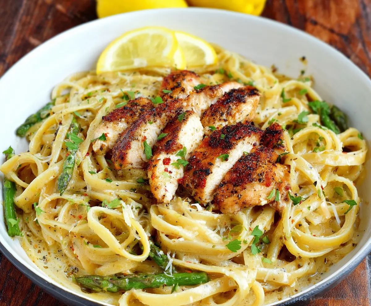 Delicious lemon pepper chicken pasta dish garnished with fresh herbs on a white plate.