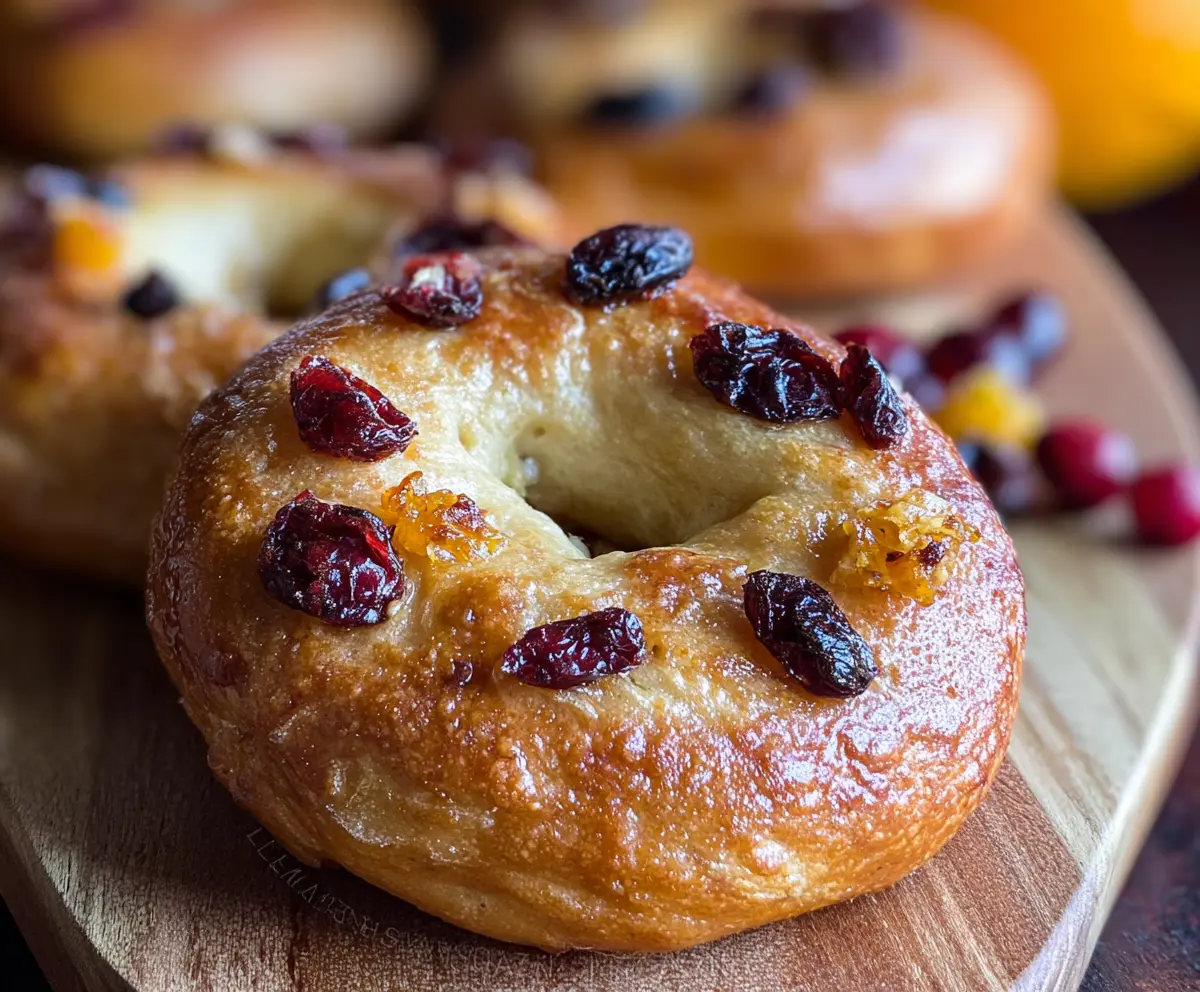 Delicious homemade mini cranberry orange bagels on a bakery tray with fresh cranberries and orange slices.