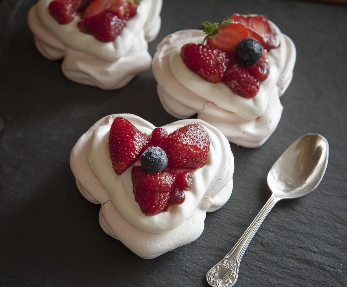 Delicious mini heart-shaped Pavlovas topped with fresh berries and whipped cream, perfect for special occasions.