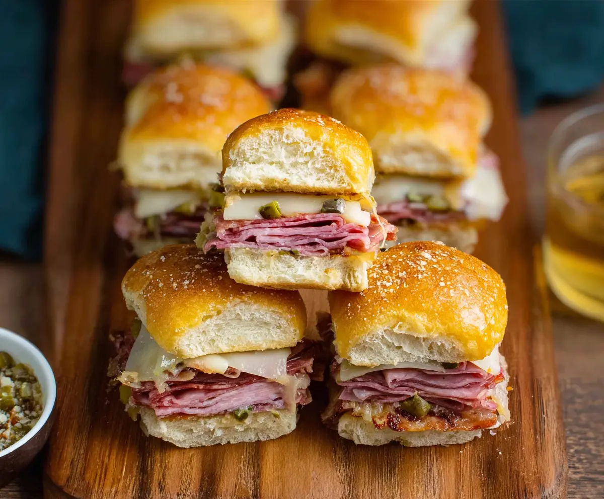 Delicious Muffuletta Sliders with layers of cured meats, cheese, and olive salad served as mini sandwiches.
