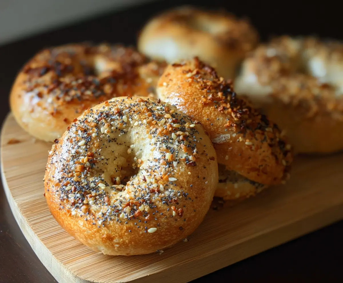 Delicious New York Style Sourdough Discard Bagels on a wooden cutting board