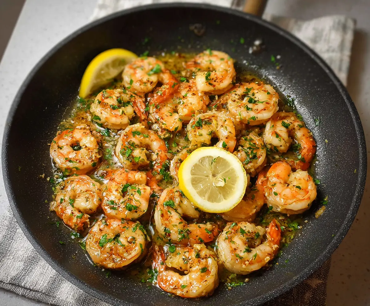 Delicious pan-seared lemon garlic shrimp served on a plate garnished with fresh herbs.