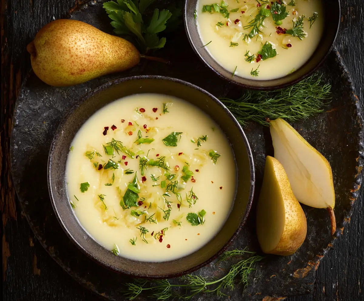 Creamy pear and potato soup garnished with fresh pears and herbs, served in a bowl.