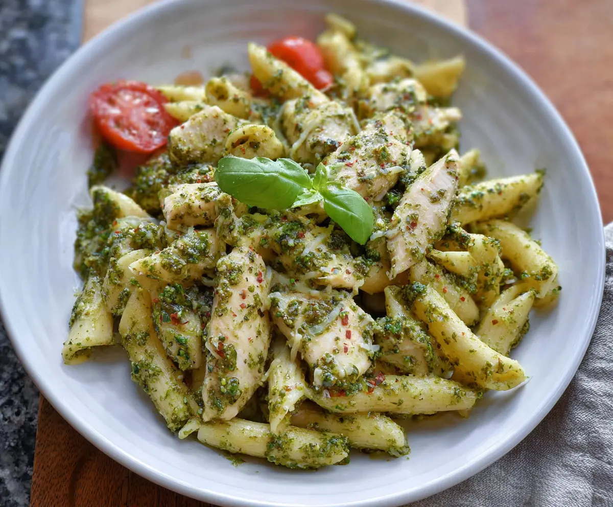 Delicious pesto chicken pasta with fresh basil and creamy sauce served on a white plate