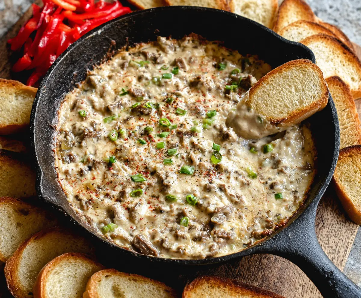 Delicious Philly Cheesesteak Dip with melted cheese, peppers, and steak slices served in a bowl.