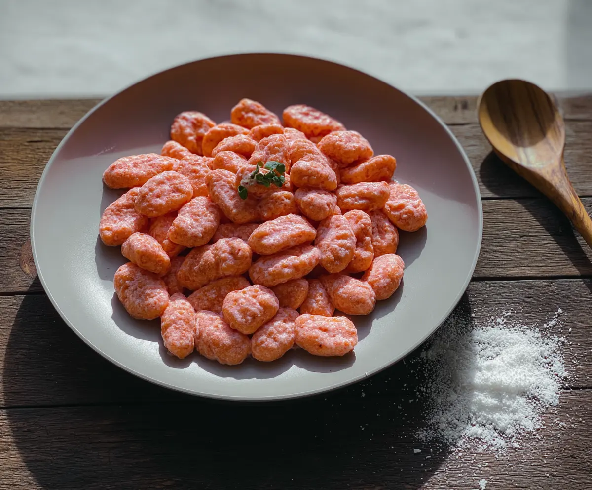Vibrant Pink Gnocchi served on a plate with fresh herbs for a colorful, appetizing presentation