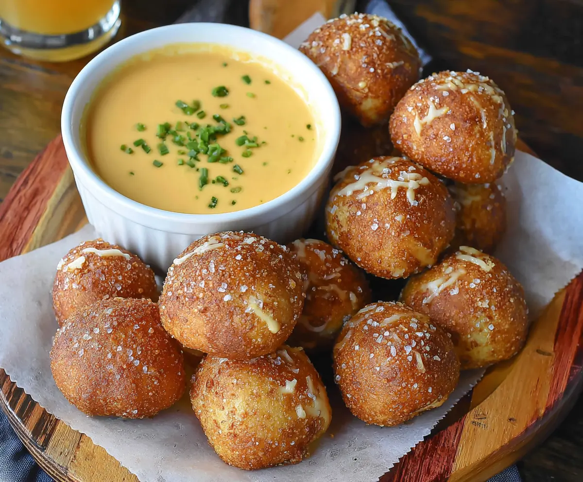 Delicious pretzel bites served with creamy beer cheese dip, perfect for snacks and parties.