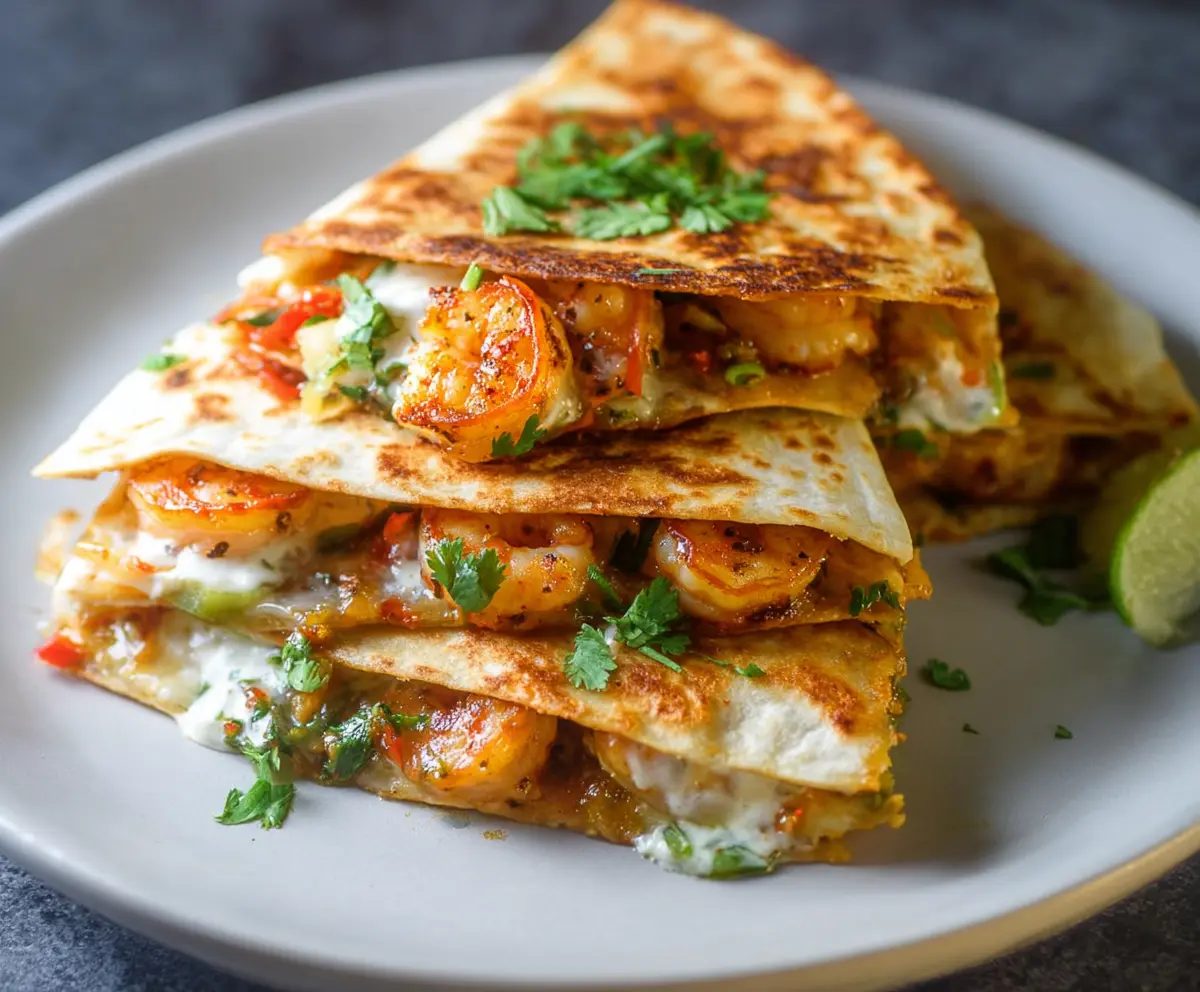 Delicious shrimp quesadilla sliced in half showing melted cheese and shrimp filling on a wooden plate.