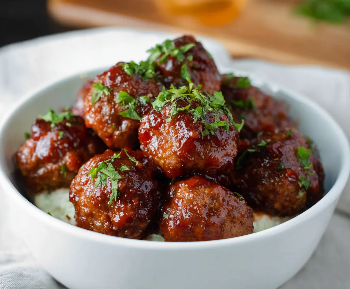 Delicious Raspberry Chipotle Meatballs served on a white plate, garnished with fresh herbs.