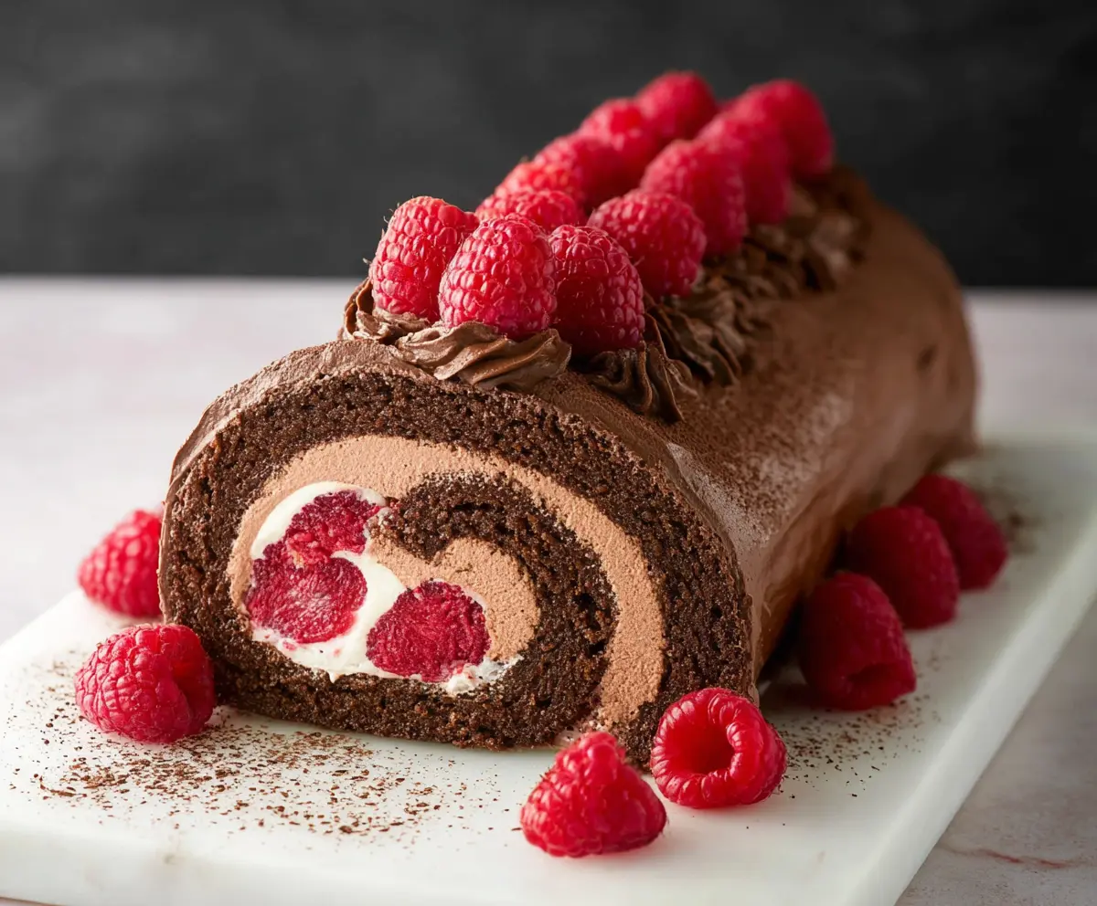 Delicious Raspberry Chocolate Swiss Roll with rich chocolate sponge and fresh raspberries