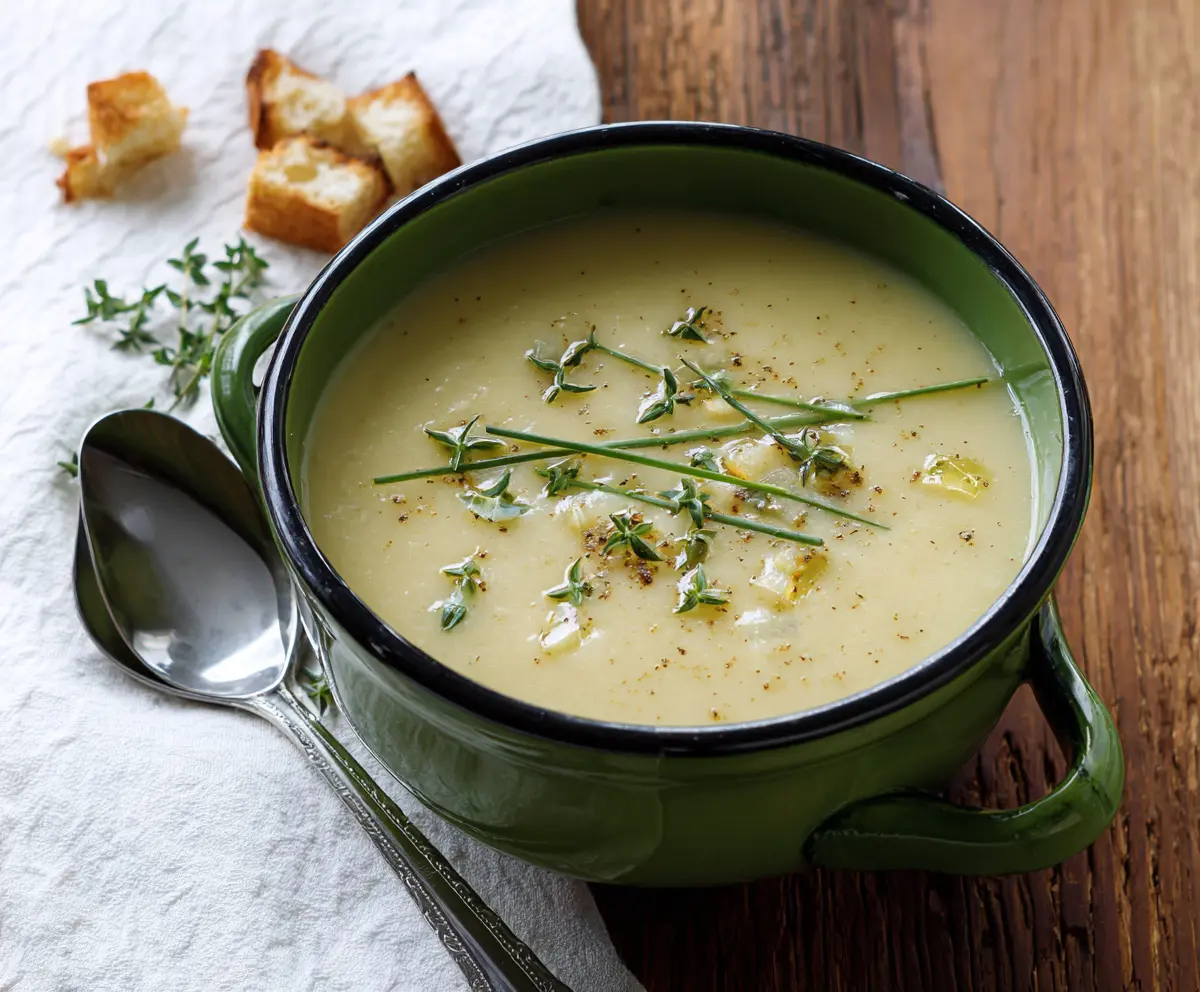 Creamy roasted garlic potato leek soup served in a bowl with fresh herbs.