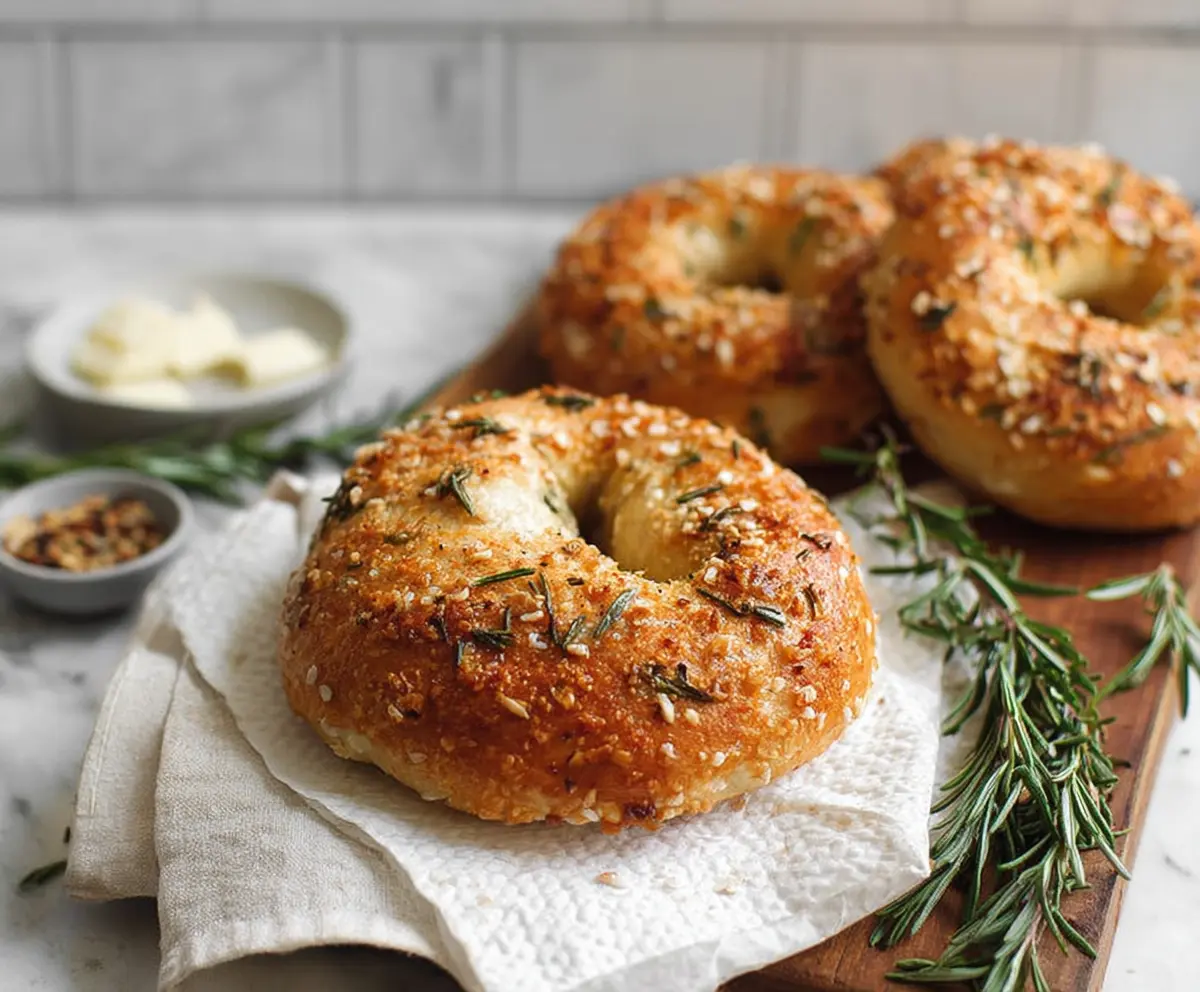 Fresh rosemary bagels with a golden crust and aromatic herbs, perfect for breakfast or a snack.