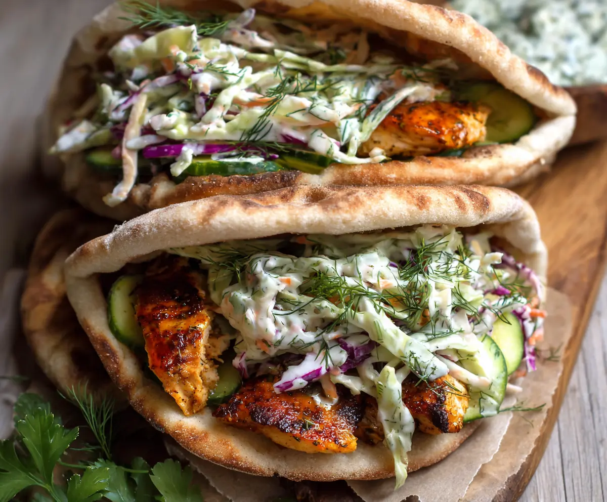 Delicious sheet pan chicken pitas topped with fresh herb ranch slaw, perfect for a quick and healthy meal.
