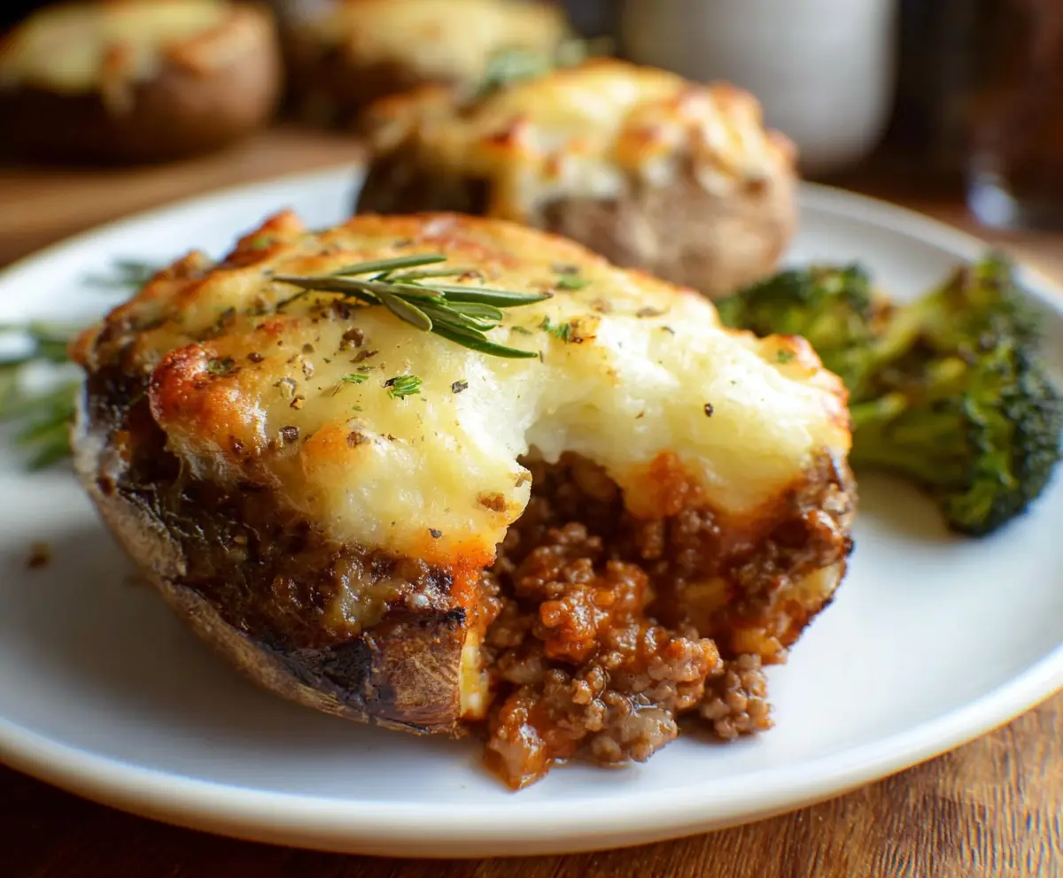 Delicious Shepherd's Pie Baked Potatoes topped with melted cheese and crispy bacon bits.